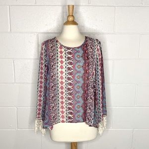 Rue 21 Tribal Print Boho Bohemian Long Sleeve Sheer Open Back P19